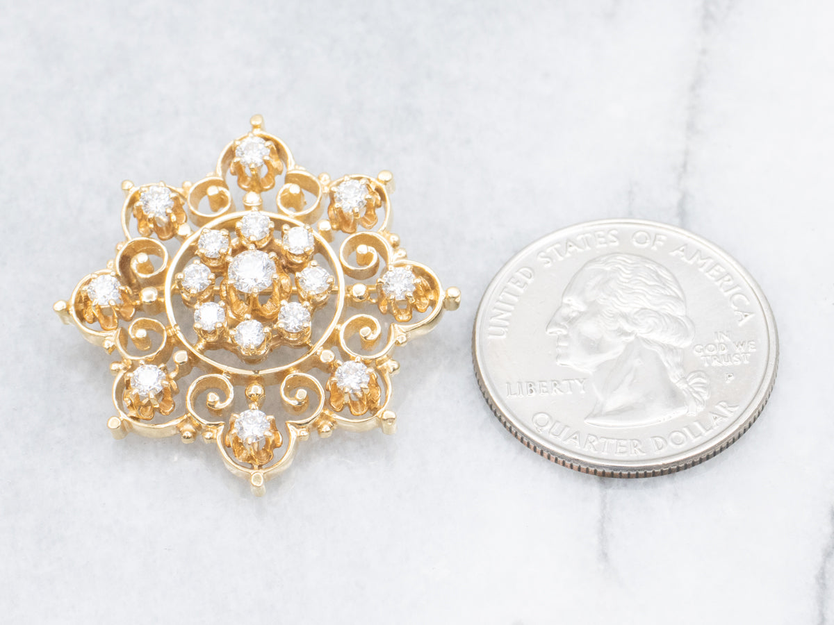 Ornate Scrolling-Gold Diamond Pin or Pendant