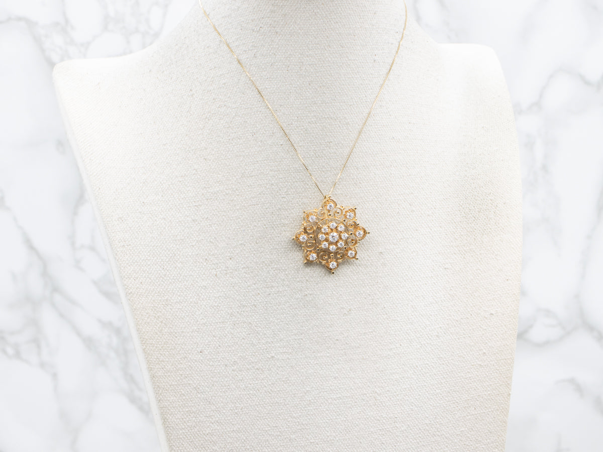 Ornate Scrolling-Gold Diamond Pin or Pendant