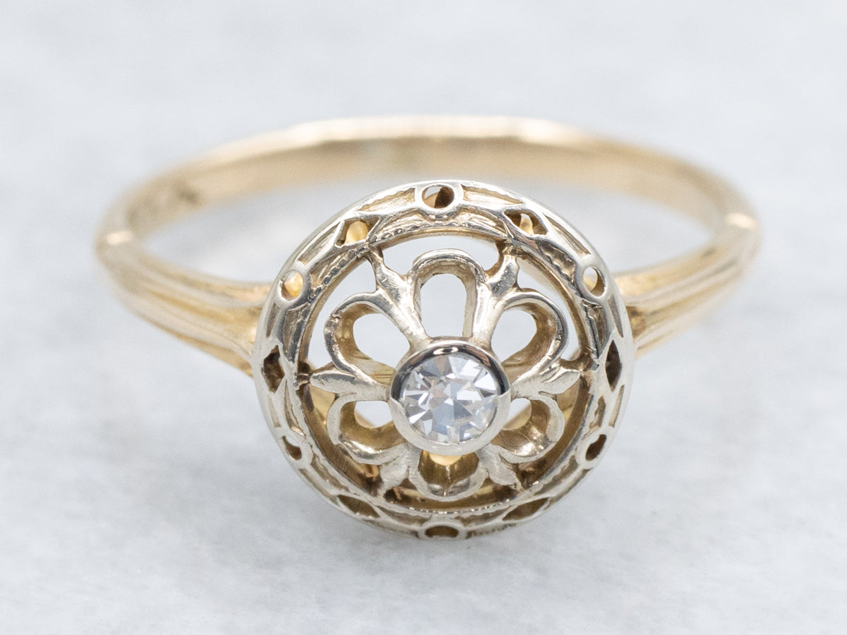 Vintage Two-Tone Gold Diamond Floral Filigree Ring