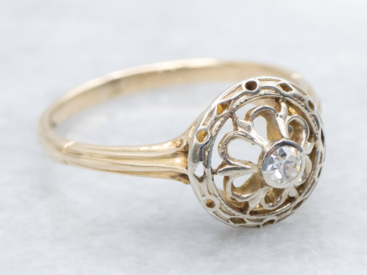 Vintage Two-Tone Gold Diamond Floral Filigree Ring
