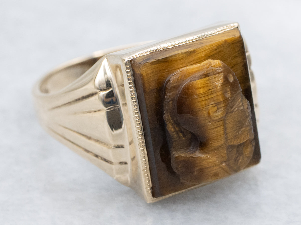 Men's Vintage Gold Tiger's Eye Carved Cameo Statement Ring