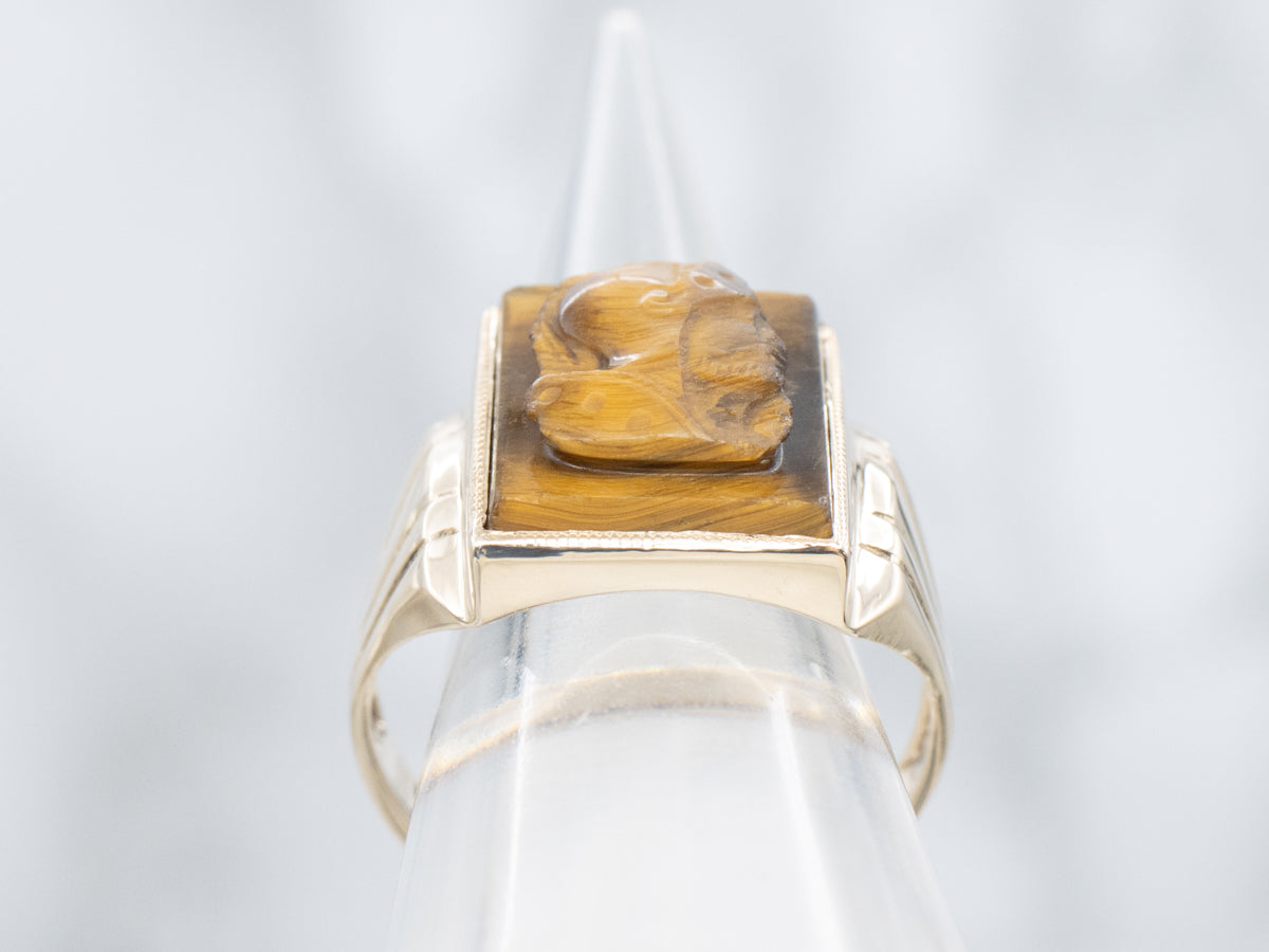 Men's Vintage Gold Tiger's Eye Carved Cameo Statement Ring