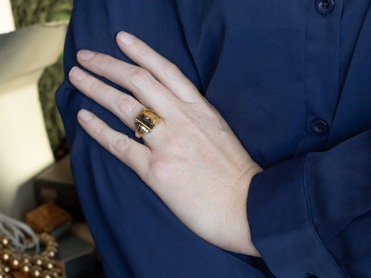 Men's Vintage Gold Tiger's Eye Carved Cameo Statement Ring