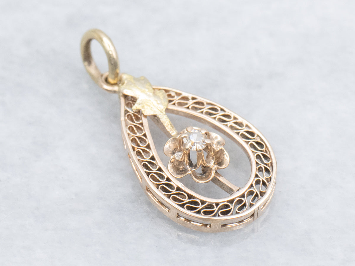 Antique Gold Old Mine Cut Diamond Buttercup Filigree Pendant