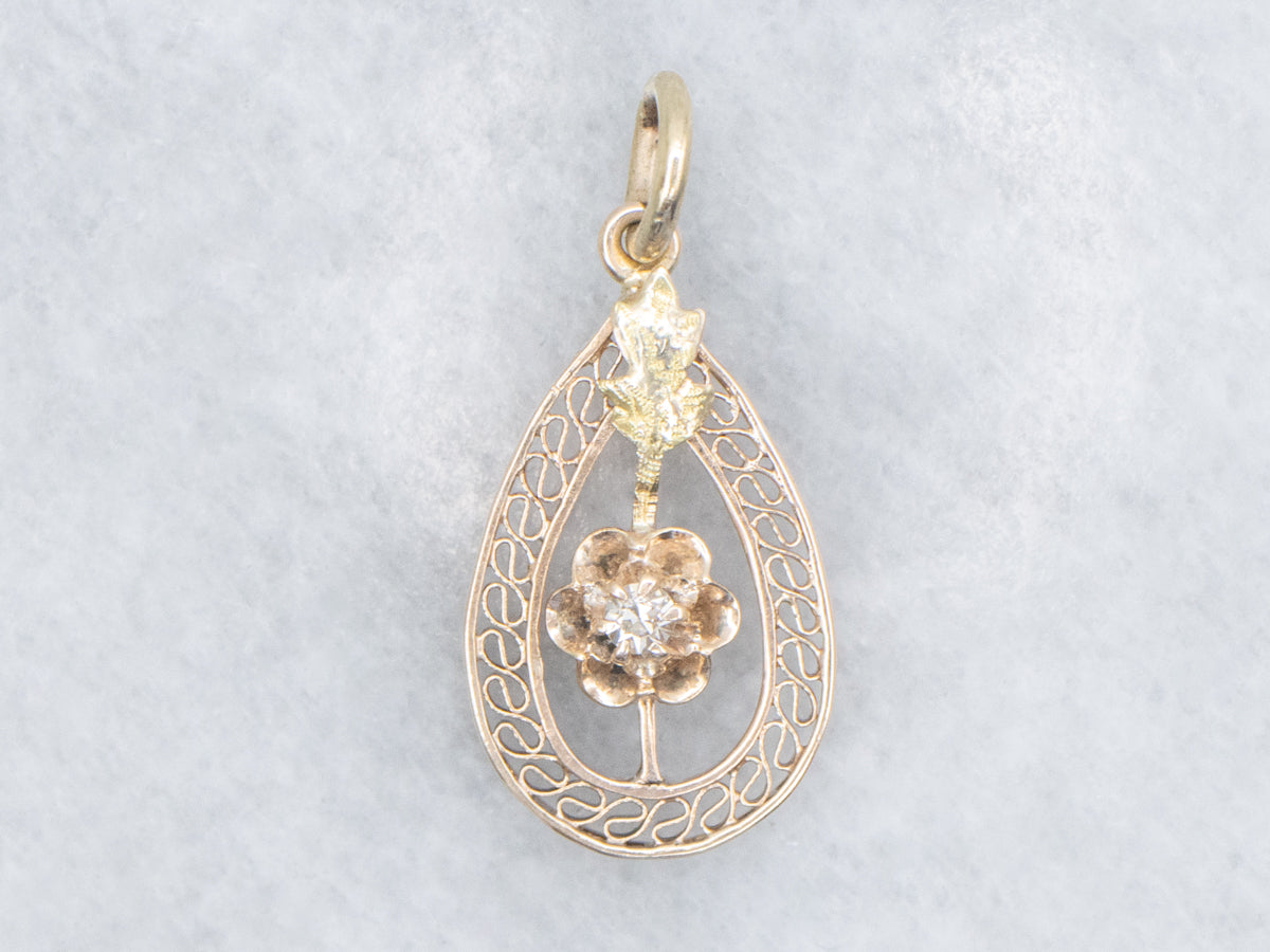 Antique Gold Old Mine Cut Diamond Buttercup Filigree Pendant