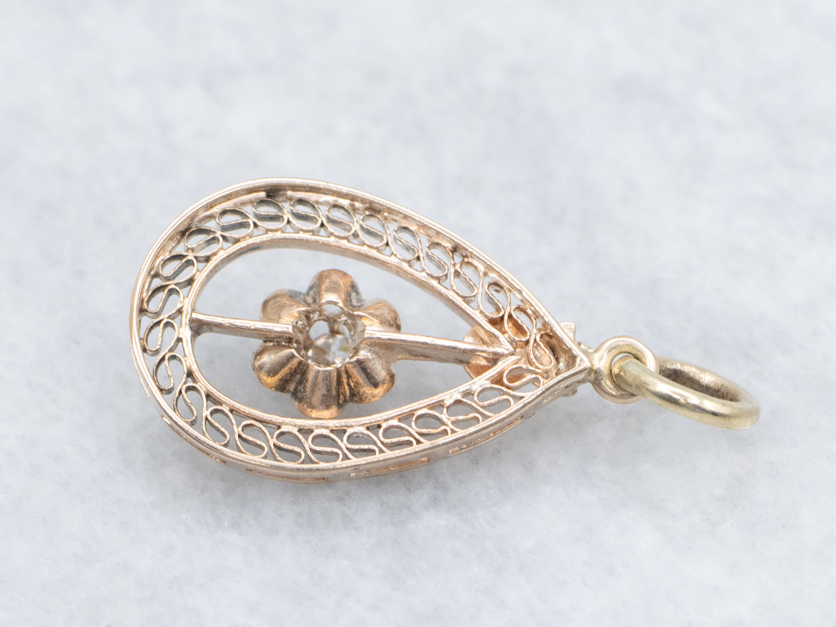 Antique Gold Old Mine Cut Diamond Buttercup Filigree Pendant