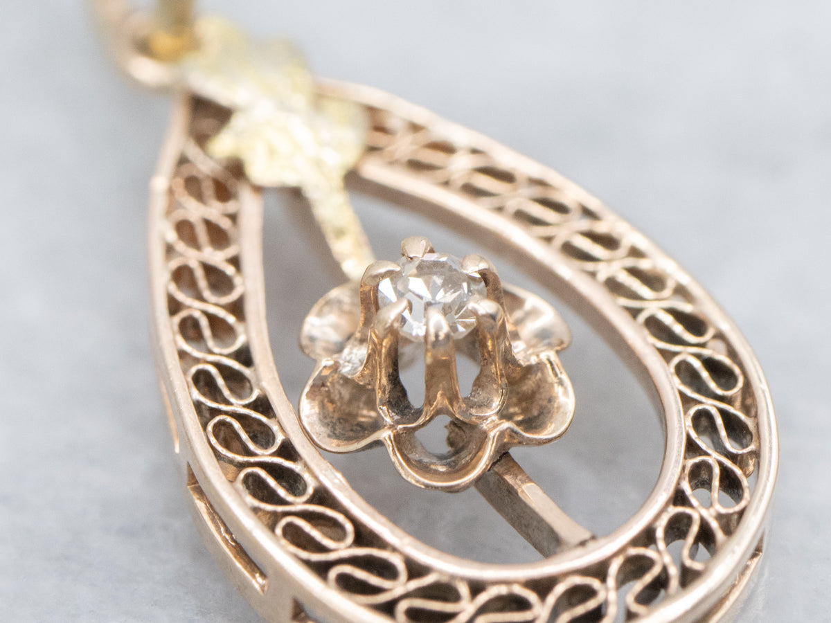 Antique Gold Old Mine Cut Diamond Buttercup Filigree Pendant
