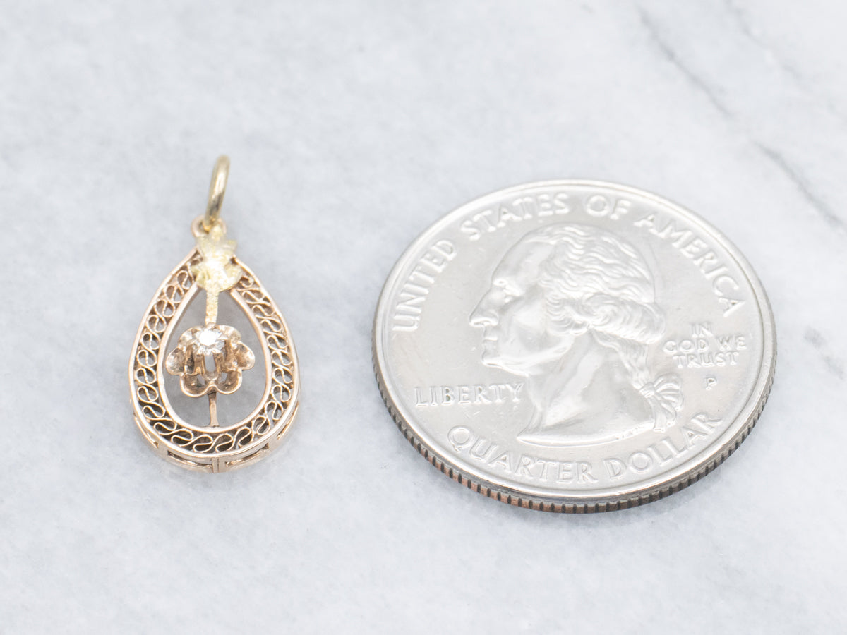 Antique Gold Old Mine Cut Diamond Buttercup Filigree Pendant