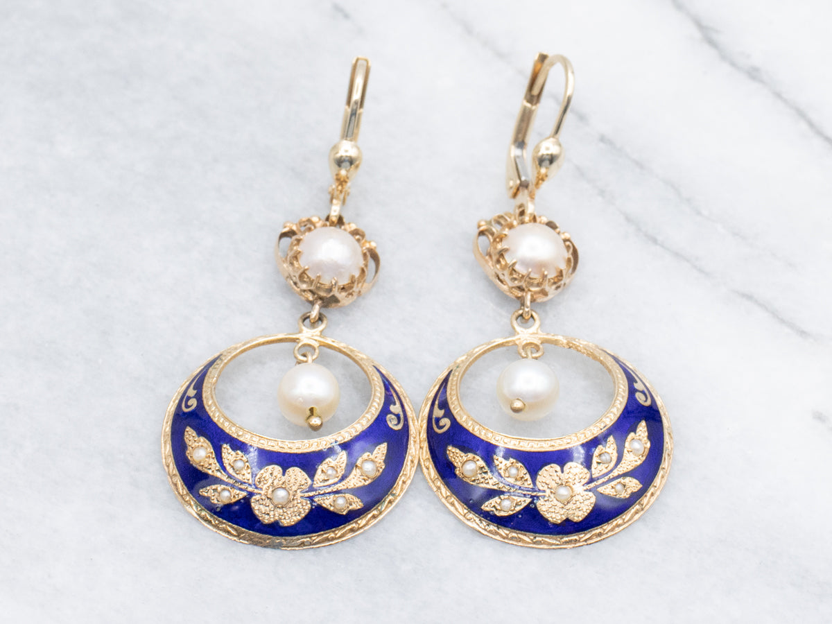 Vintage Enamel and Gold Pearl Drop Earrings with Floral Motif