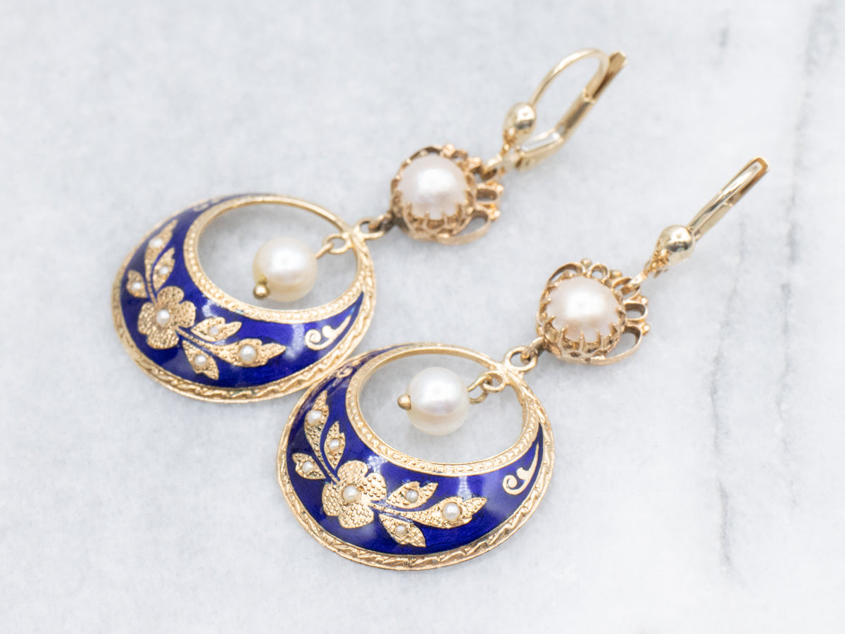 Vintage Enamel and Gold Pearl Drop Earrings with Floral Motif