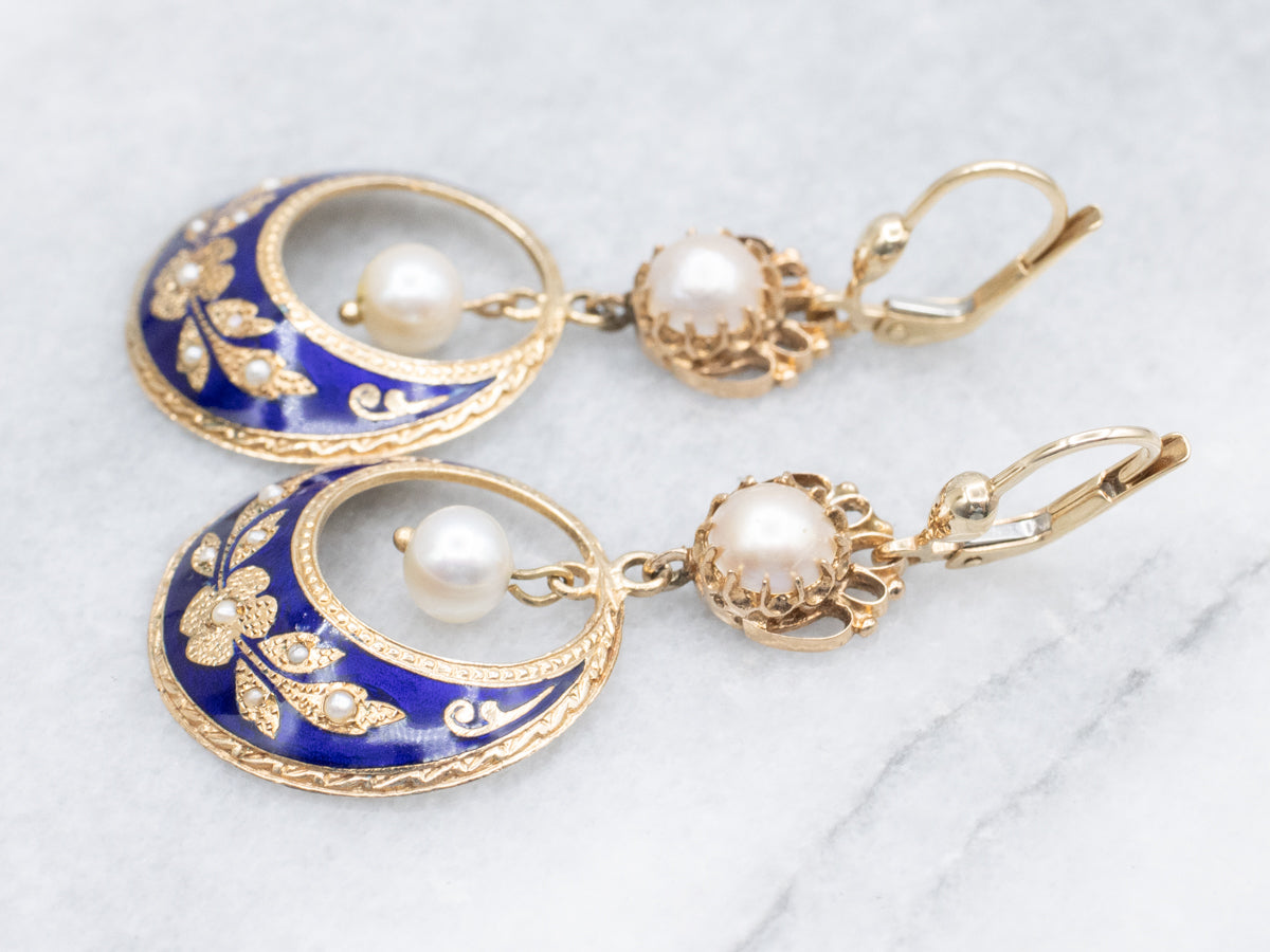 Vintage Enamel and Gold Pearl Drop Earrings with Floral Motif