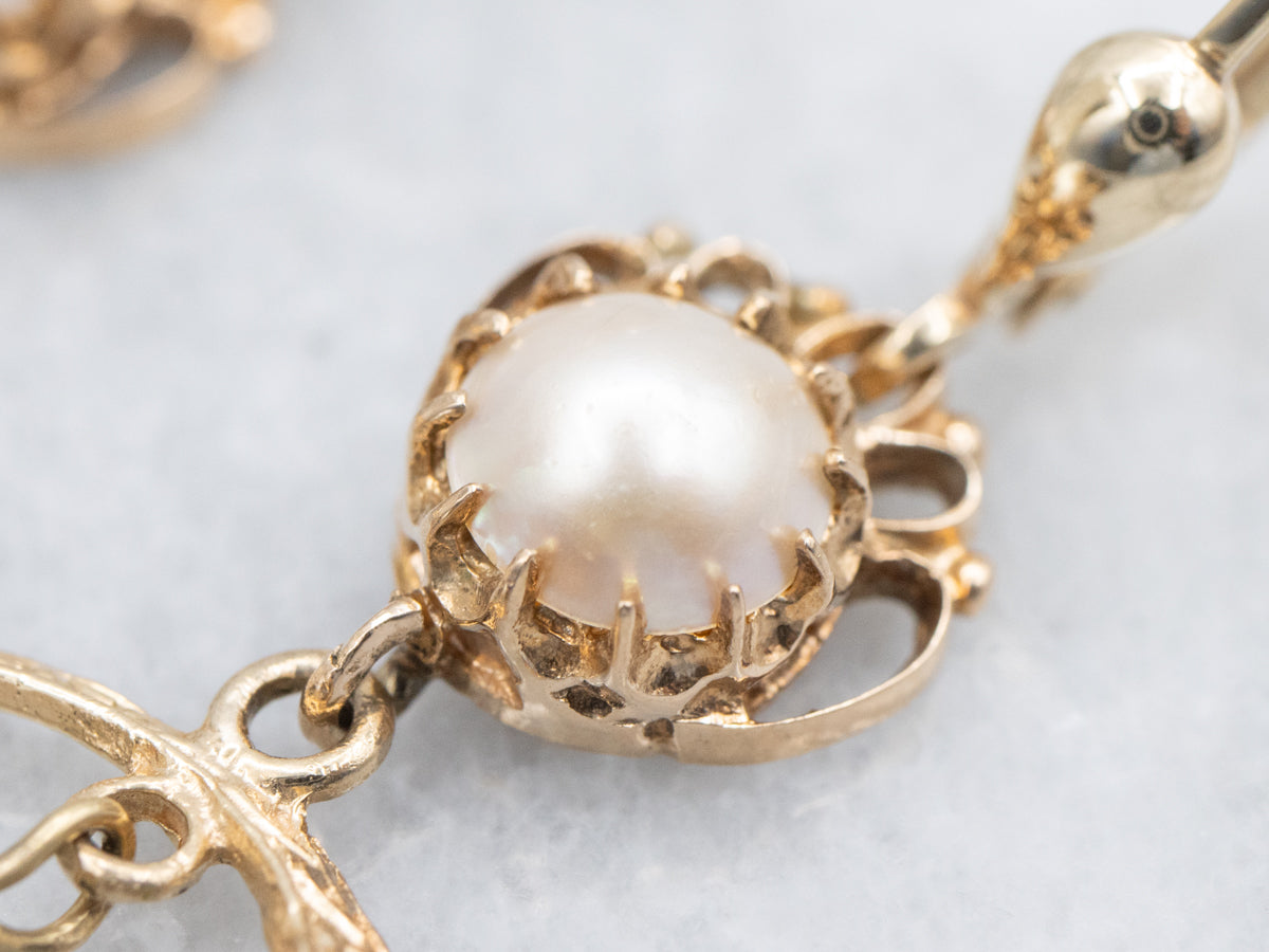 Vintage Enamel and Gold Pearl Drop Earrings with Floral Motif