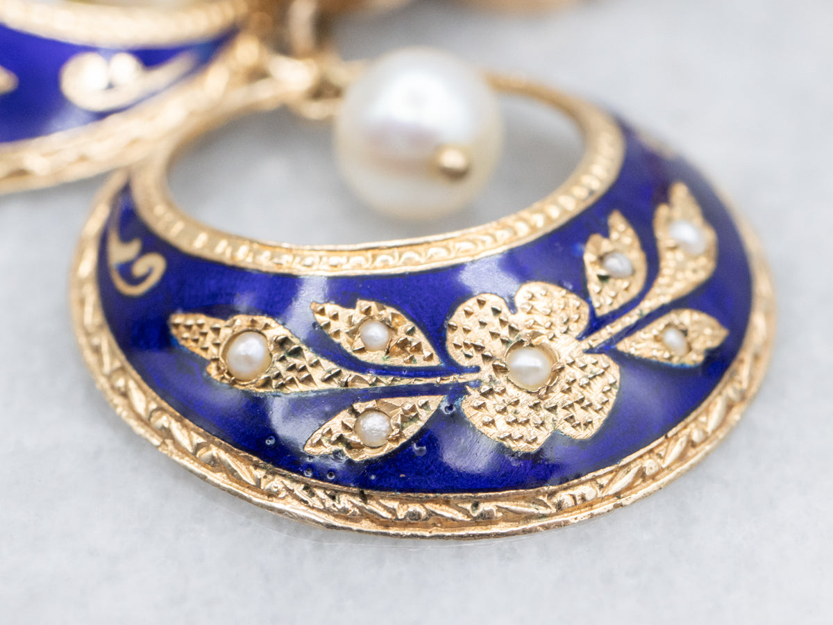 Vintage Enamel and Gold Pearl Drop Earrings with Floral Motif