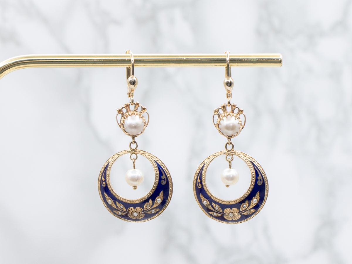 Vintage Enamel and Gold Pearl Drop Earrings with Floral Motif