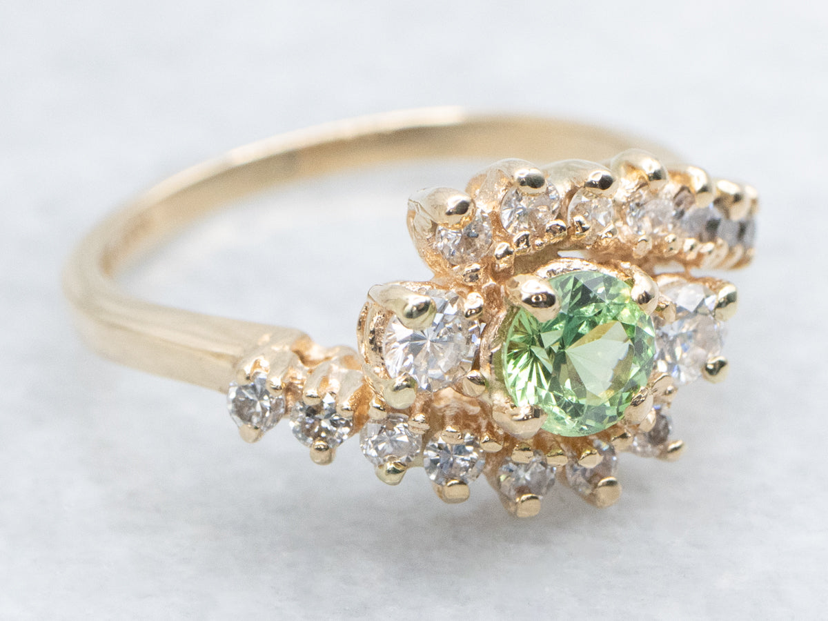 Tsavorite Garnet and Diamond Bypass Halo Ring