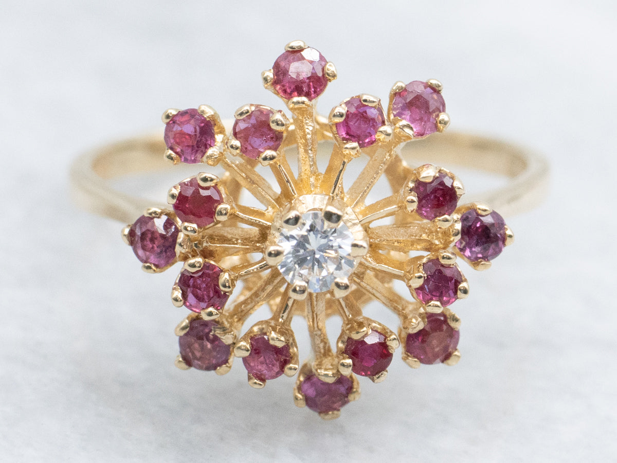 Vintage Gold Diamond and Ruby Cluster Ring