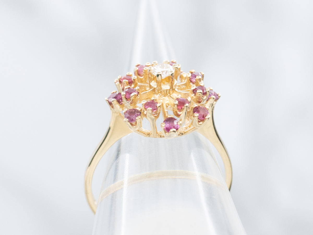 Vintage Gold Diamond and Ruby Cluster Ring
