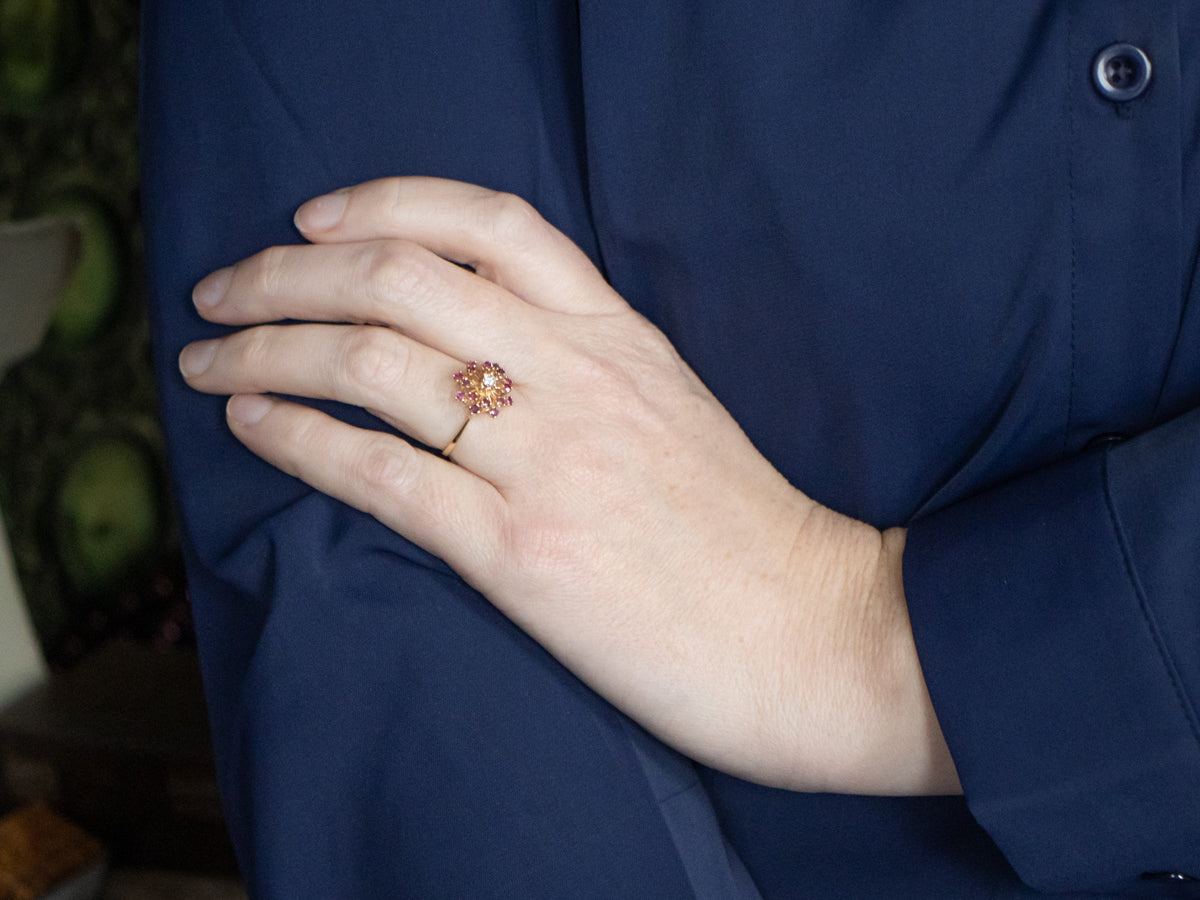Vintage Gold Diamond and Ruby Cluster Ring