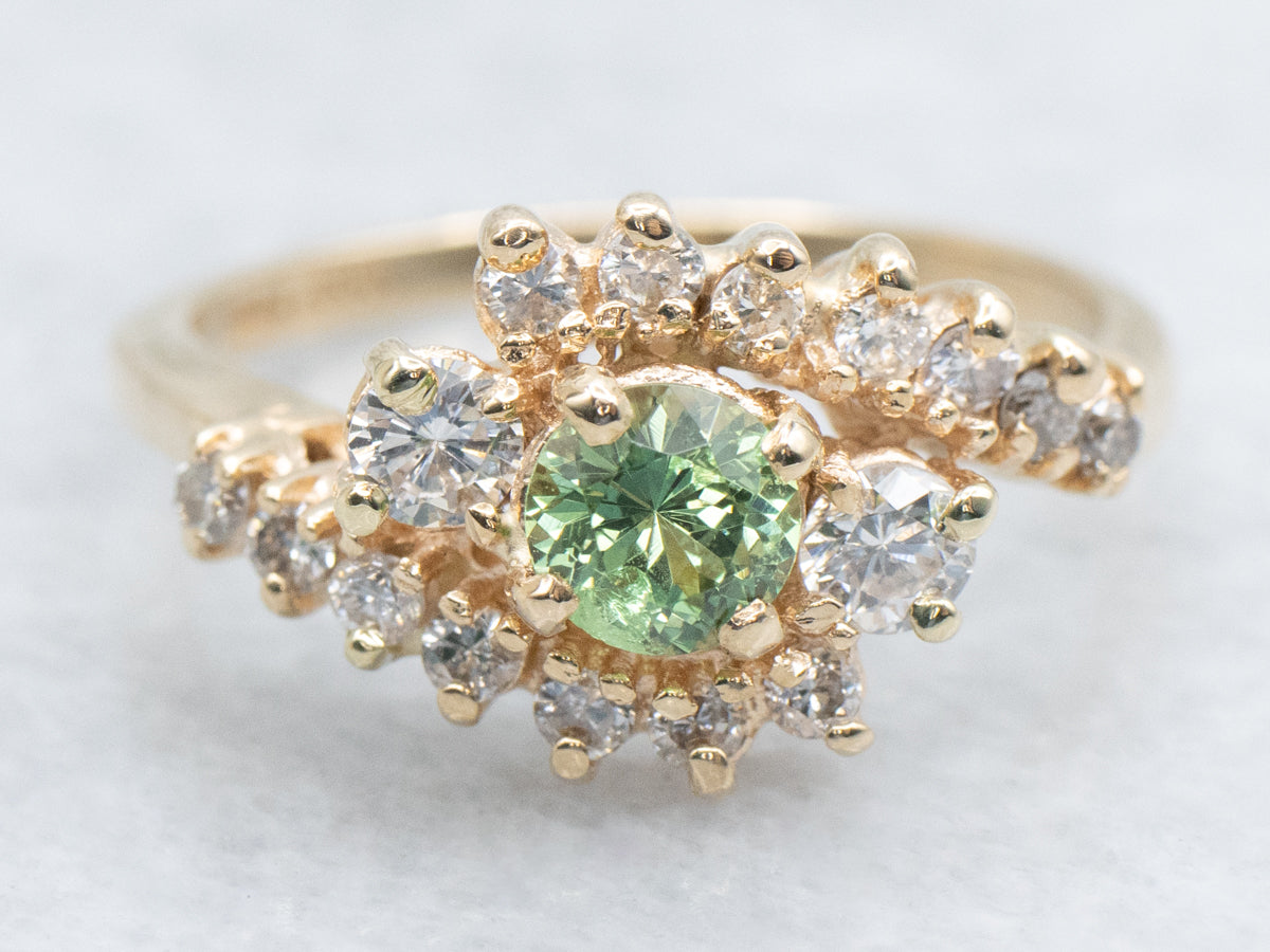 Tsavorite Garnet and Diamond Bypass Halo Ring