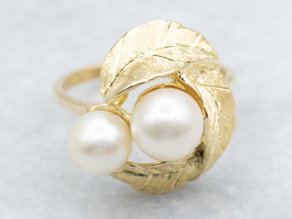 Double Pearl Botanical Yellow Gold Cocktail Ring