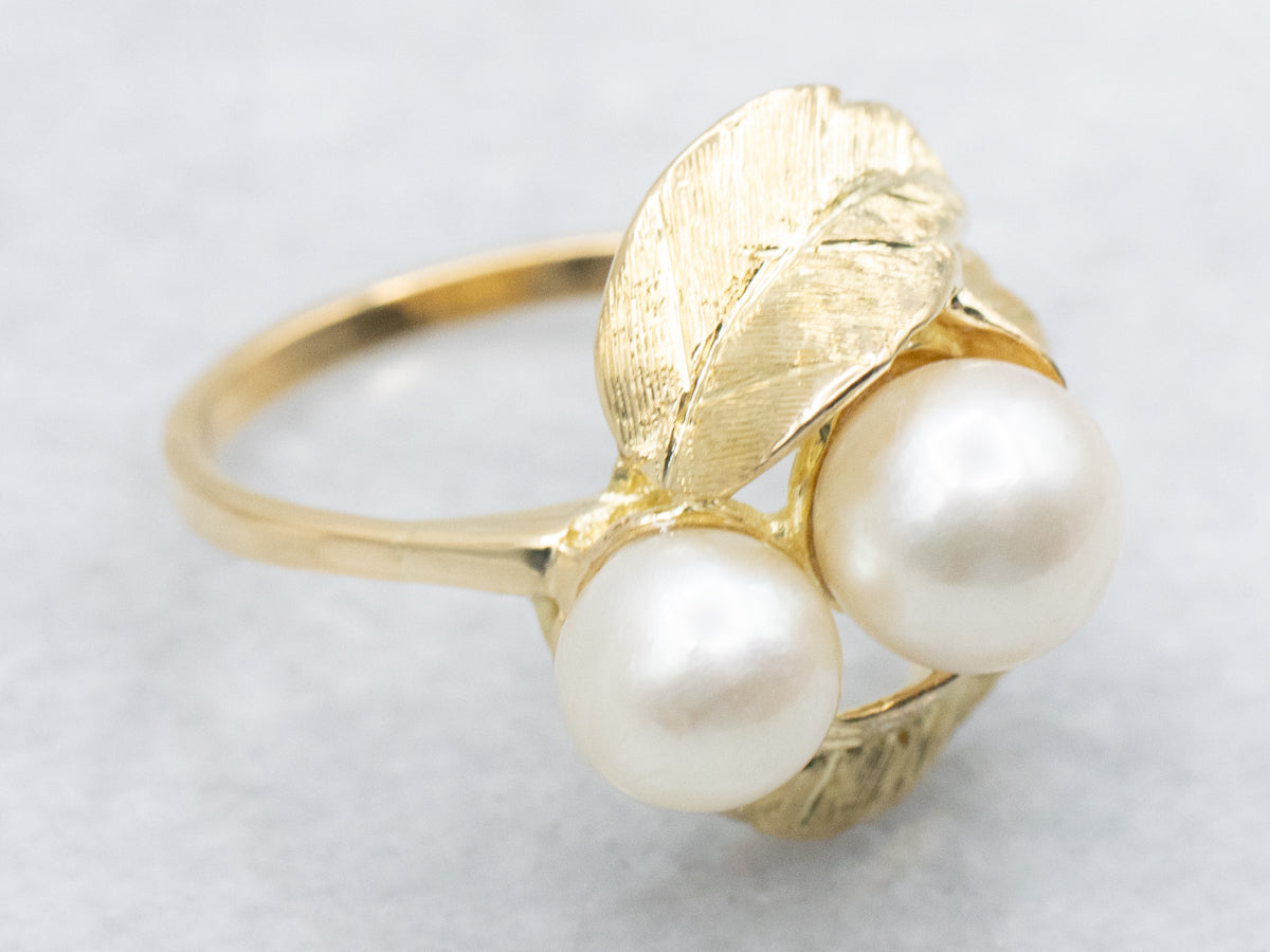 Double Pearl Botanical Yellow Gold Cocktail Ring