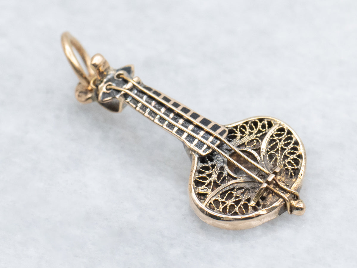 Ornate Rose Gold Mandolin Guitar Charm Pendant