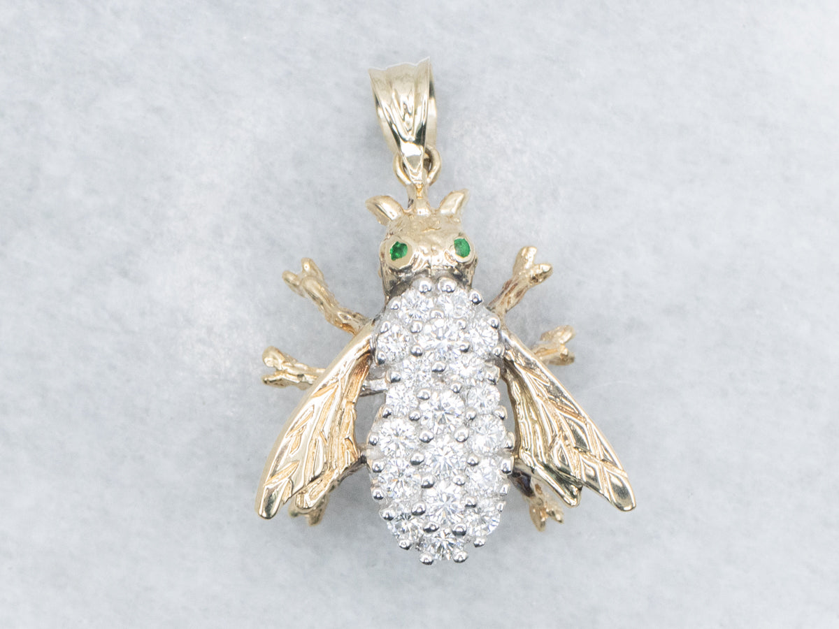 Diamond-Encrusted Two-Tone Gold Insect Pendant with Emerald Eyes