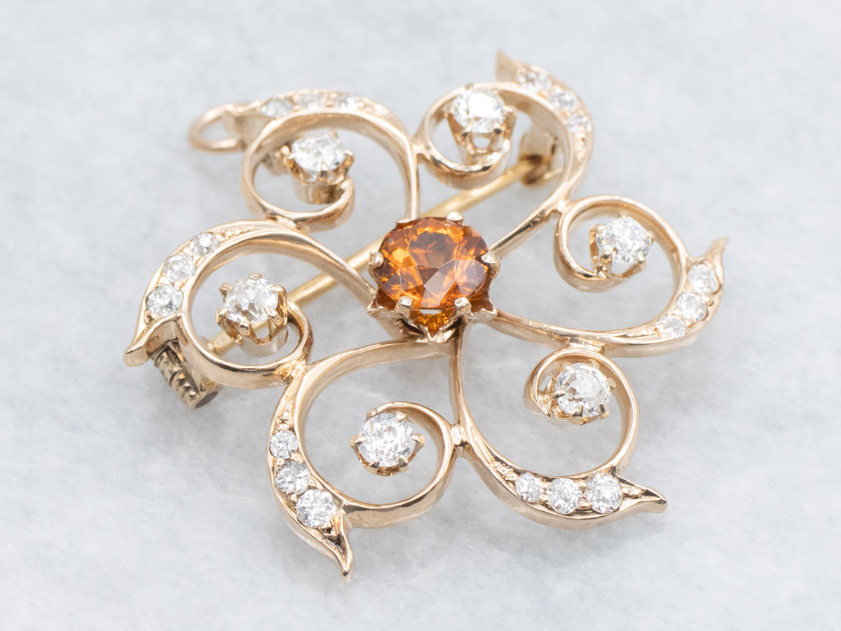 Scrolling Gold Hessonite Garnet and Diamond Pin or Pendant