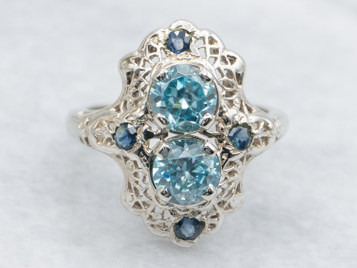 Vintage Blue Zircon and Sapphire Filigree Dinner Ring