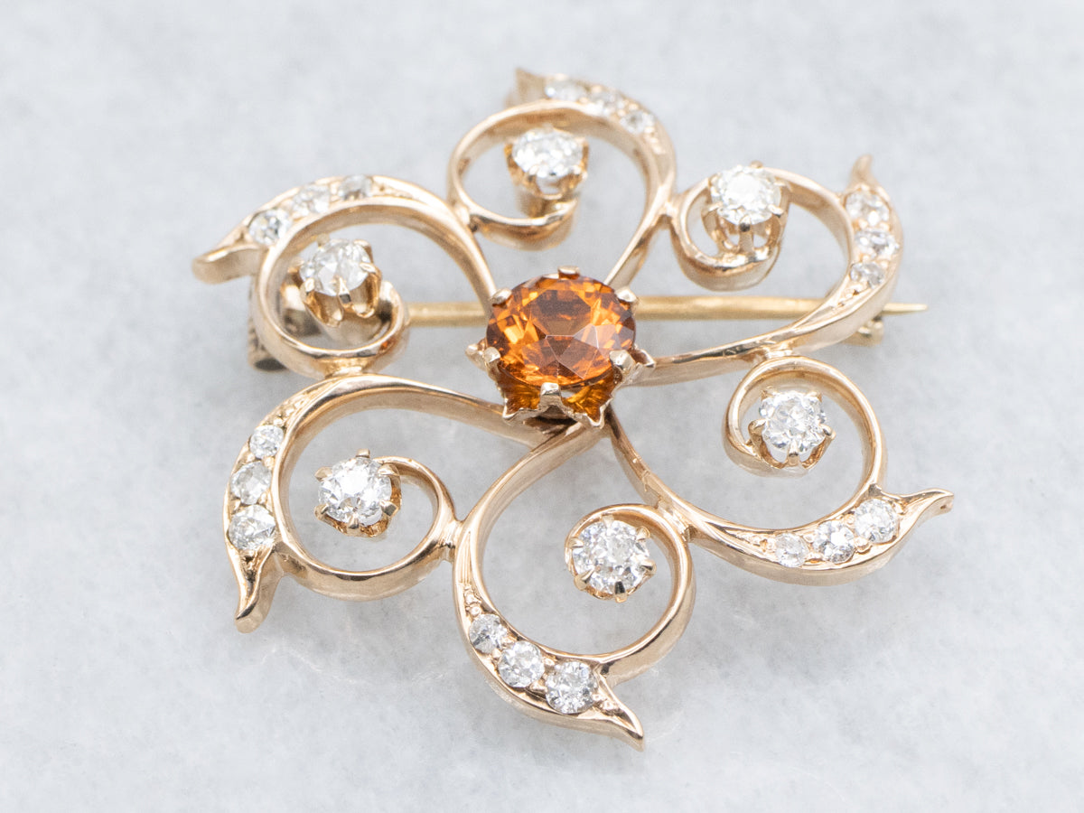 Scrolling Gold Hessonite Garnet and Diamond Pin or Pendant