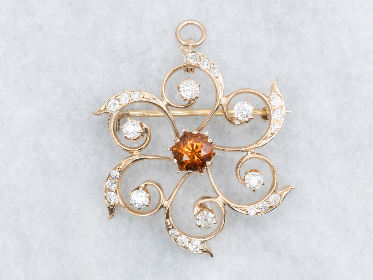 Scrolling Gold Hessonite Garnet and Diamond Pin or Pendant