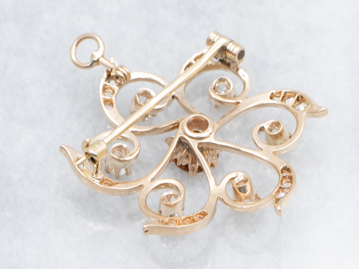 Scrolling Gold Hessonite Garnet and Diamond Pin or Pendant