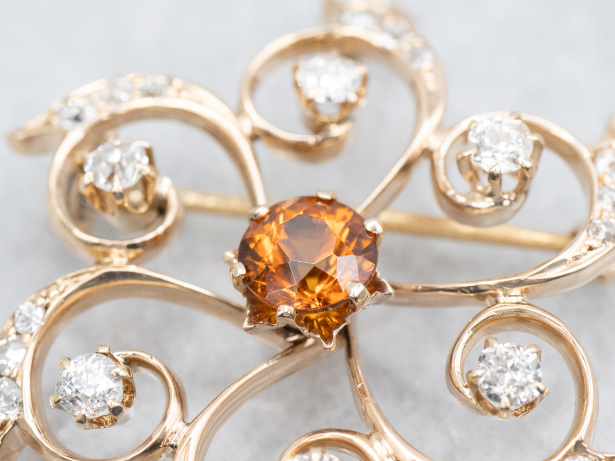 Scrolling Gold Hessonite Garnet and Diamond Pin or Pendant