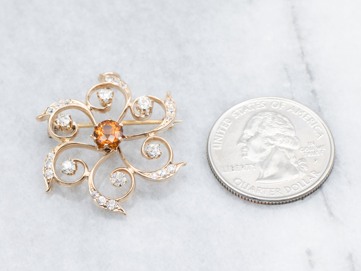 Scrolling Gold Hessonite Garnet and Diamond Pin or Pendant