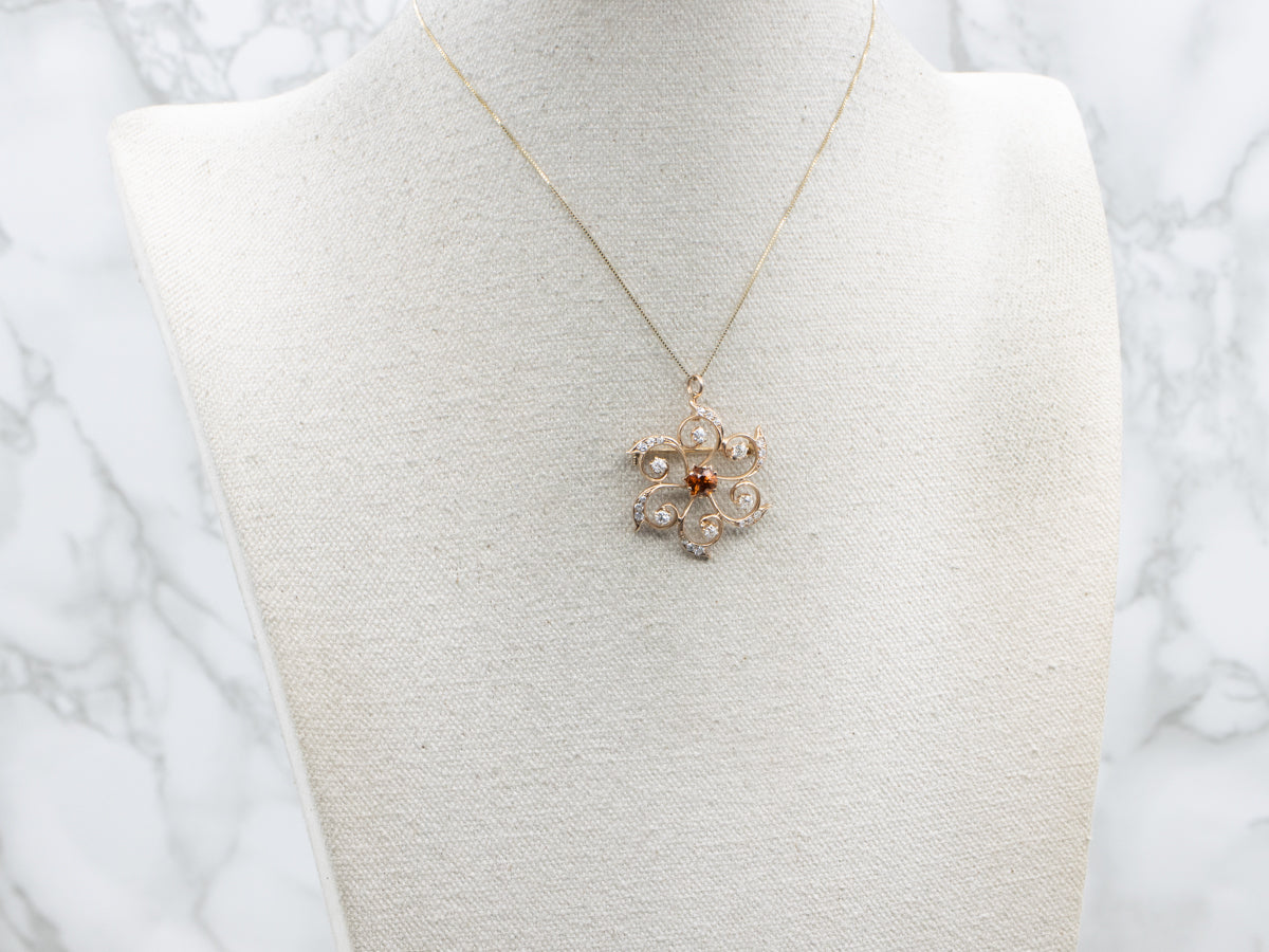 Scrolling Gold Hessonite Garnet and Diamond Pin or Pendant