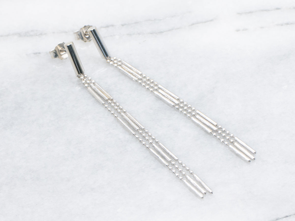 White Gold Post Back Tassel Drop Earrings