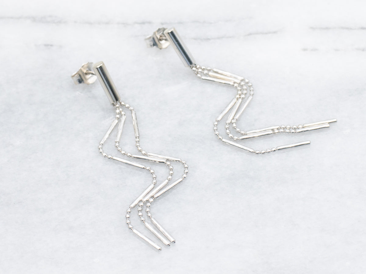 White Gold Post Back Tassel Drop Earrings