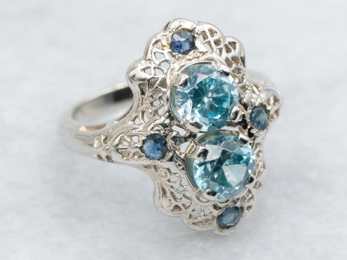 Vintage Blue Zircon and Sapphire Filigree Dinner Ring