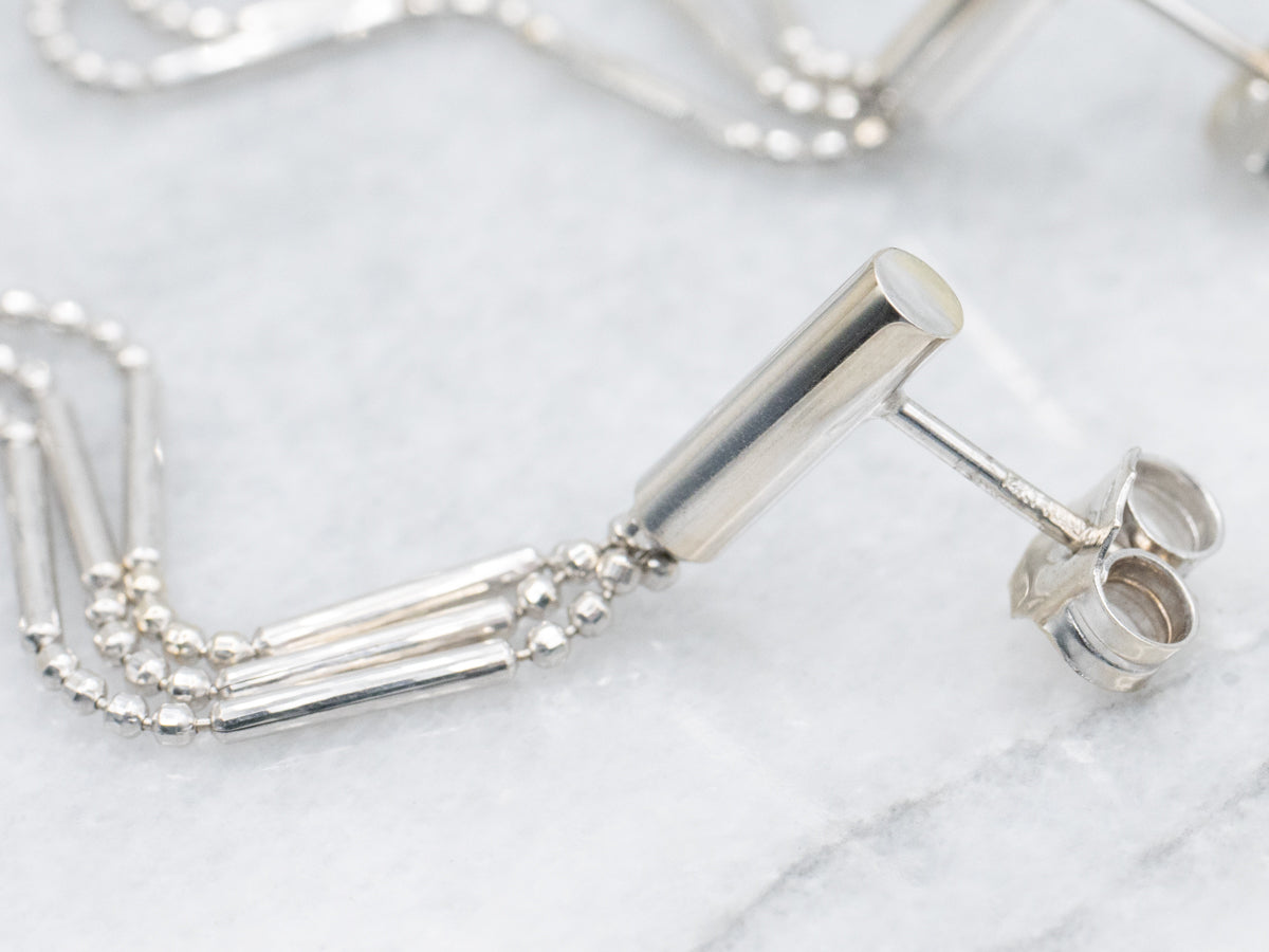 White Gold Post Back Tassel Drop Earrings