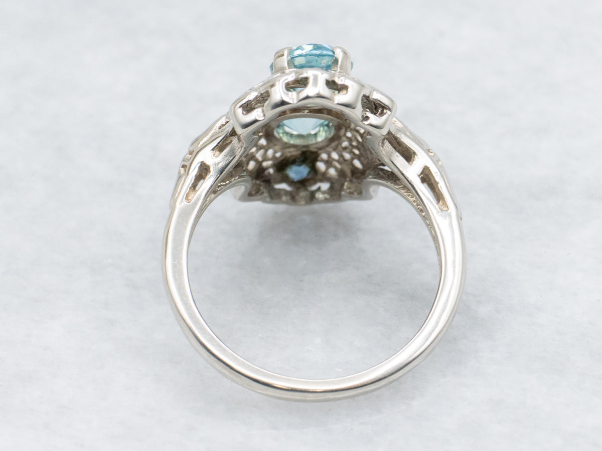 Vintage Blue Zircon and Sapphire Filigree Dinner Ring