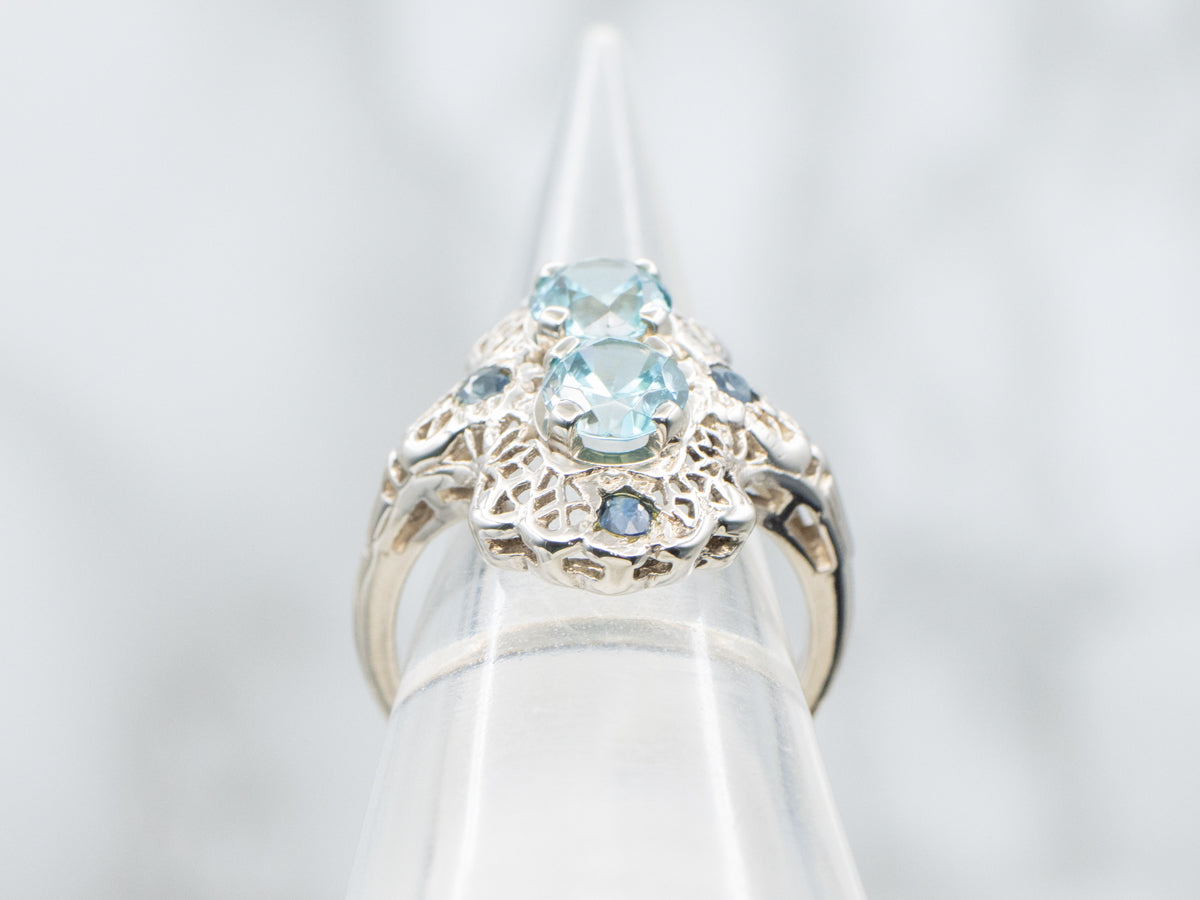 Vintage Blue Zircon and Sapphire Filigree Dinner Ring