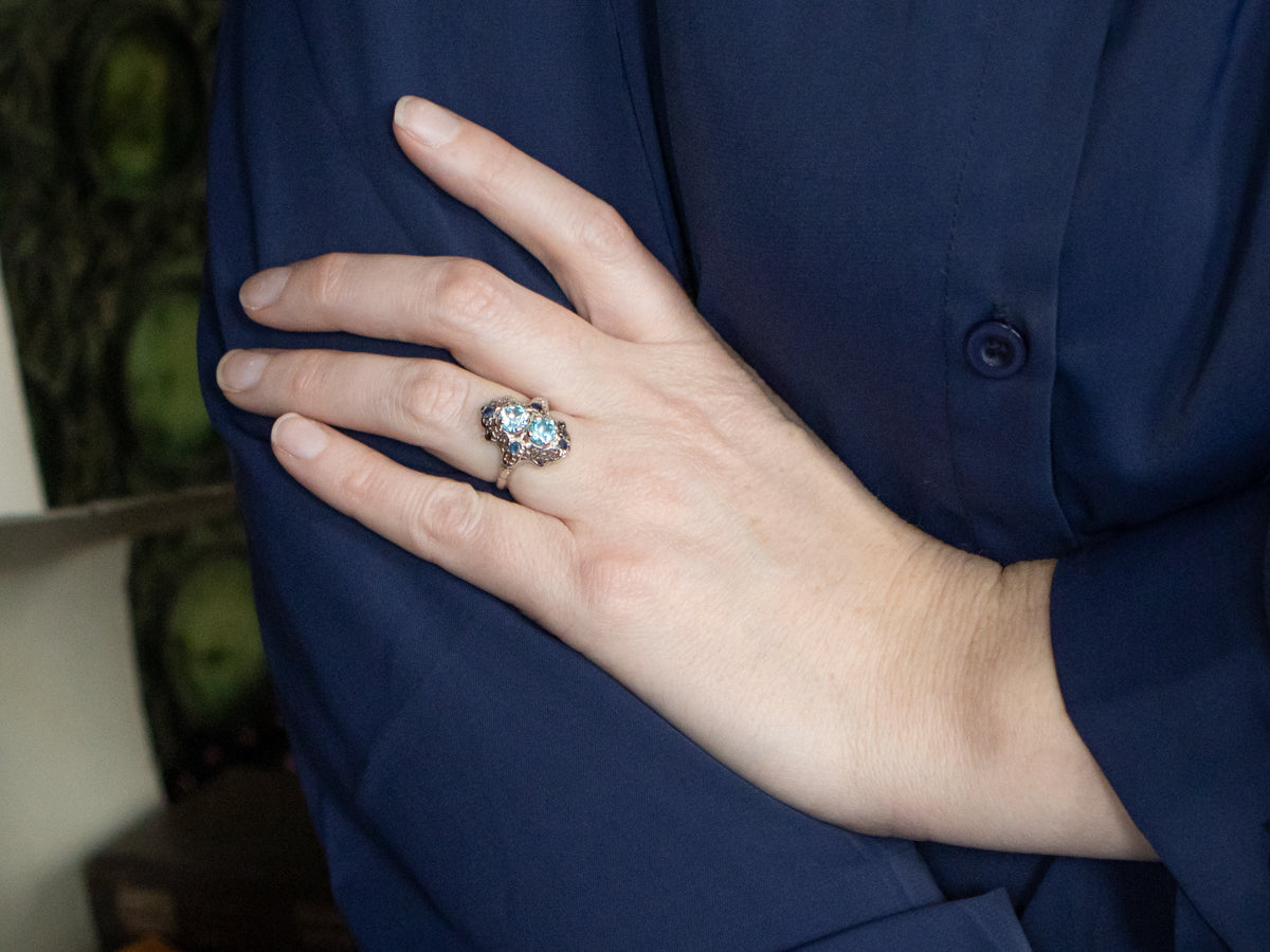 Vintage Blue Zircon and Sapphire Filigree Dinner Ring