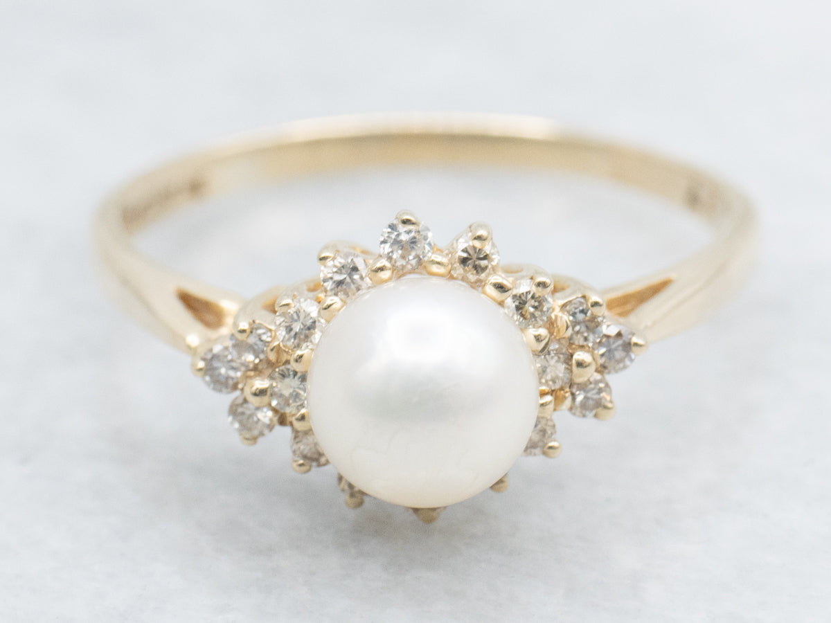Pearl and Diamond Halo Yellow Gold Ring