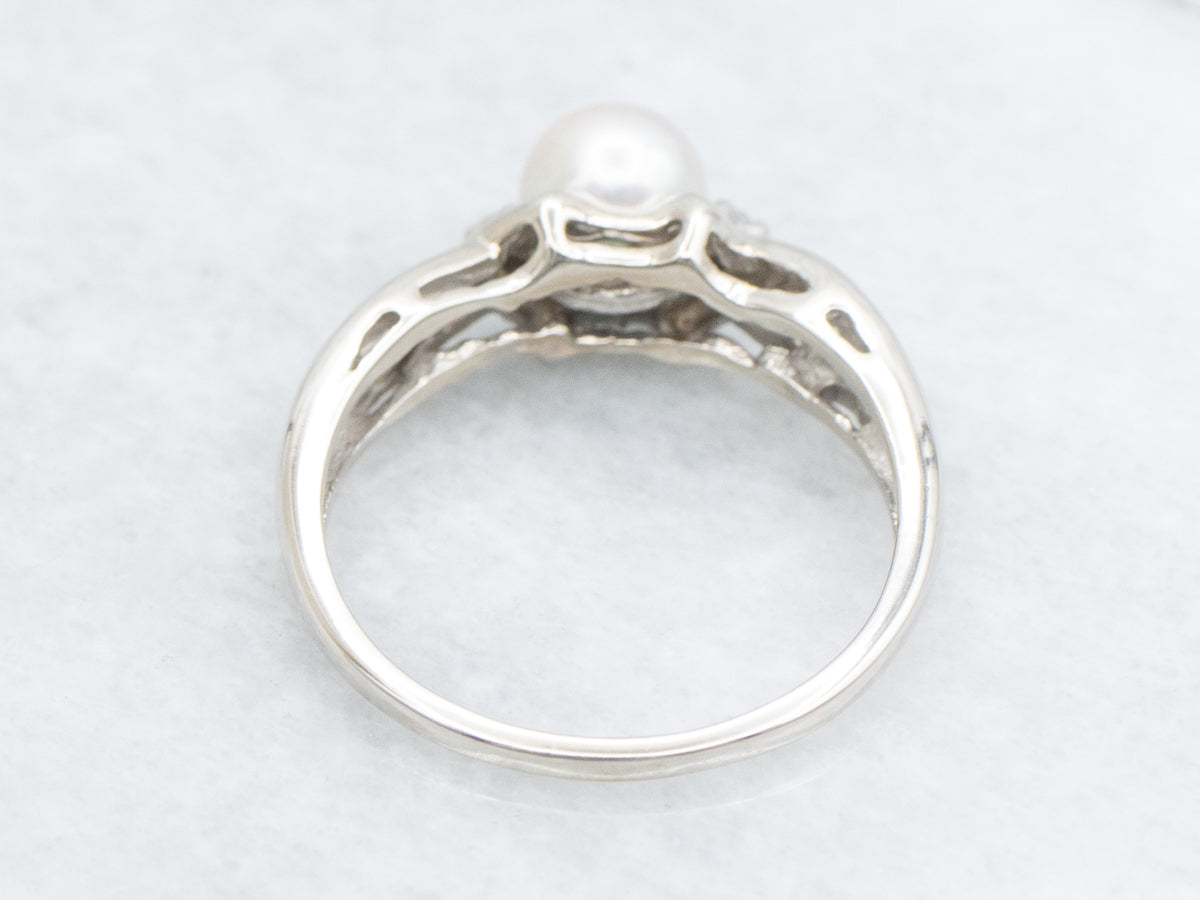 Pearl and Diamond Twisting White Gold Ring