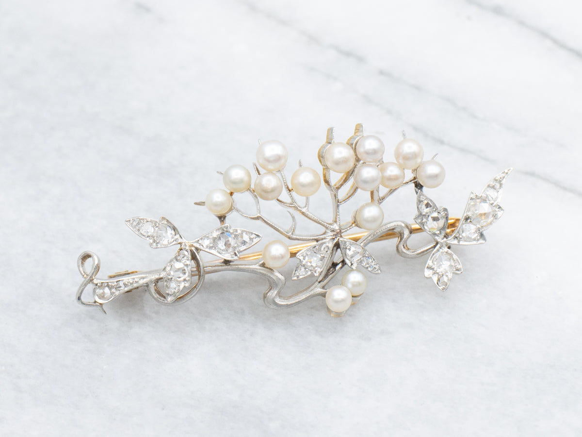 Vintage Rose Cut Diamond and Pearl Tree Branch Brooch