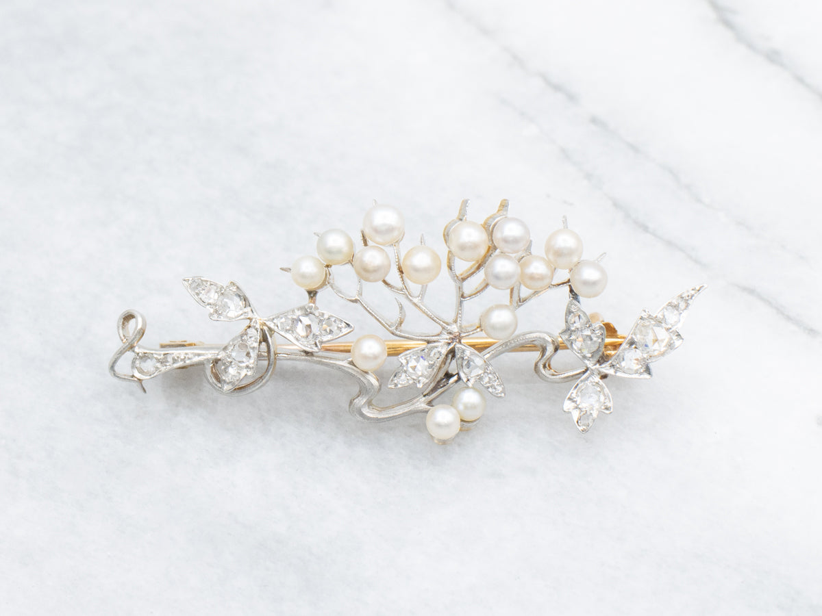 Vintage Rose Cut Diamond and Pearl Tree Branch Brooch