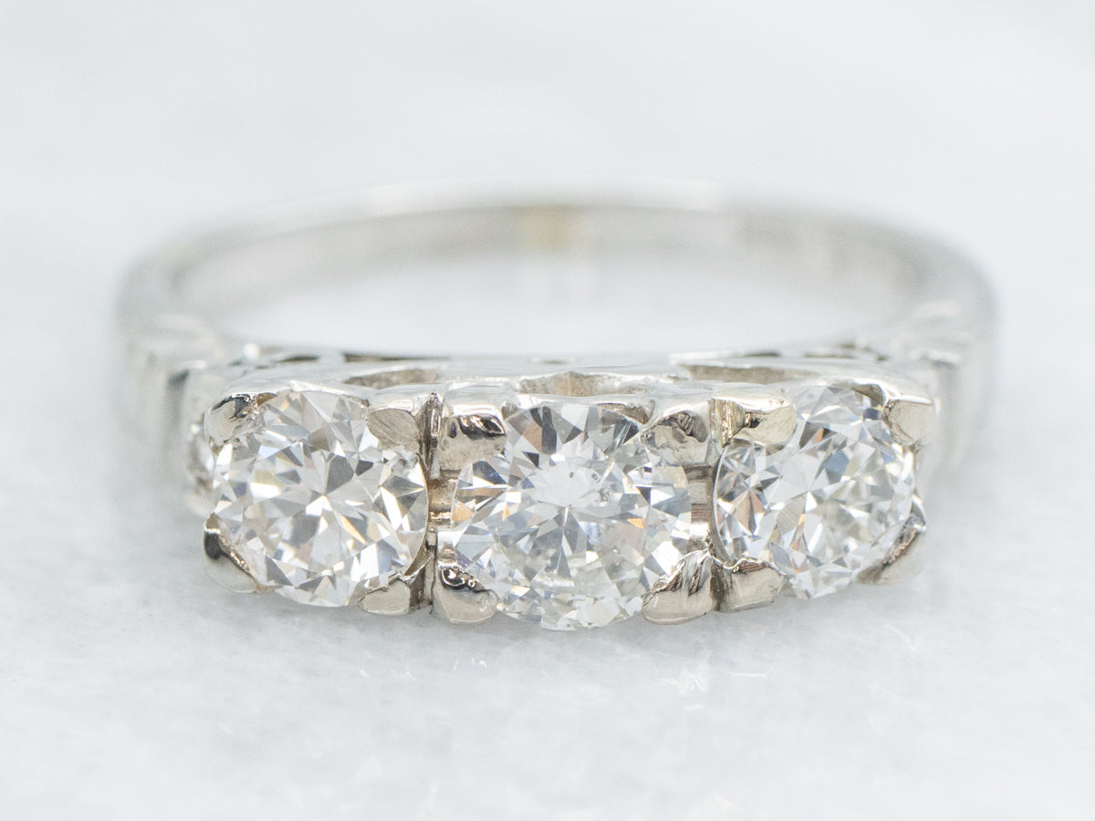 Vintage European Cut Diamond Three Stone Engagement or Anniversary Ring