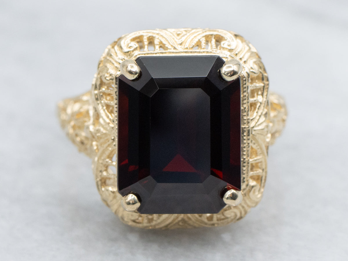 Emerald-Cut Garnet Ornate Gold Filigree Ring