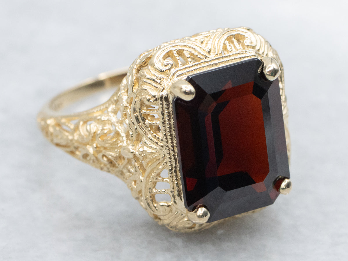 Emerald-Cut Garnet Ornate Gold Filigree Ring