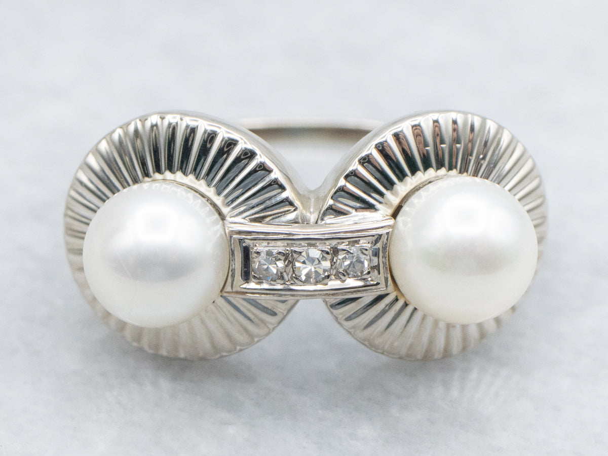 Vintage Double Pearl and Diamond White Gold Ring